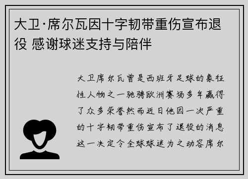 大卫·席尔瓦因十字韧带重伤宣布退役 感谢球迷支持与陪伴
